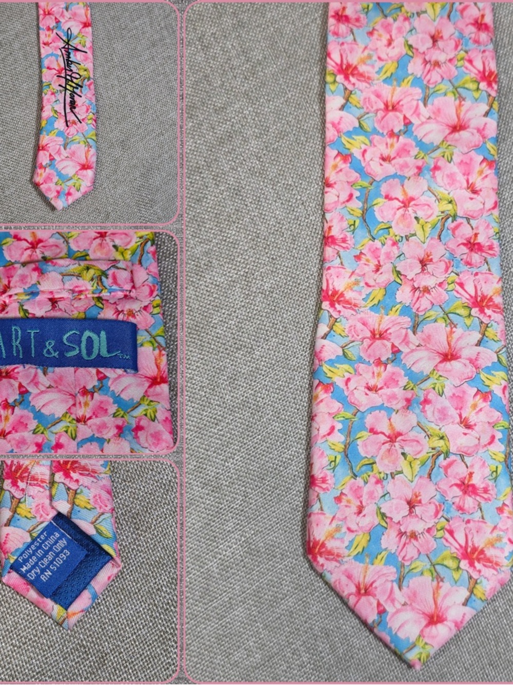 Pink Floral Tropical Hibiscus Tie by Art & Sol Amber Moran